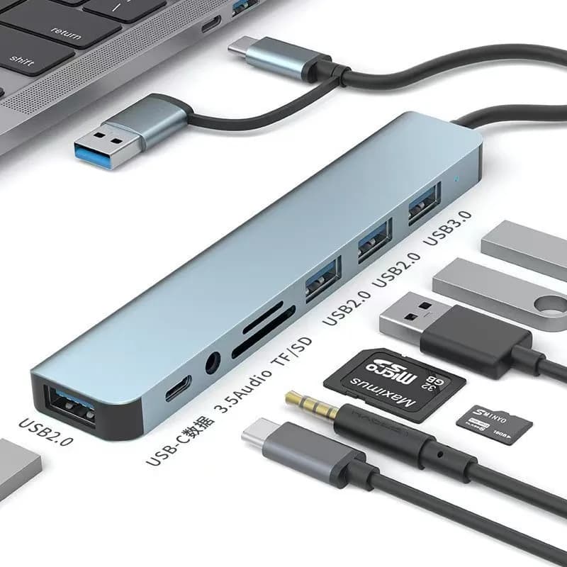 Hub USB C 8 in 1 con 4 Porte USB, 1 Porta USBC, Lettore di Schede TF/SD, Uscita Audio Compatibile con MacBook