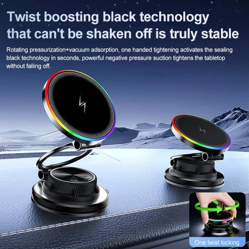 Wireless Magnetic Support for 15W Car Phone with 360° RGB Ambient Light Support for Dashboard with Vacuum Adsorption for iPhone 12-17 Pro