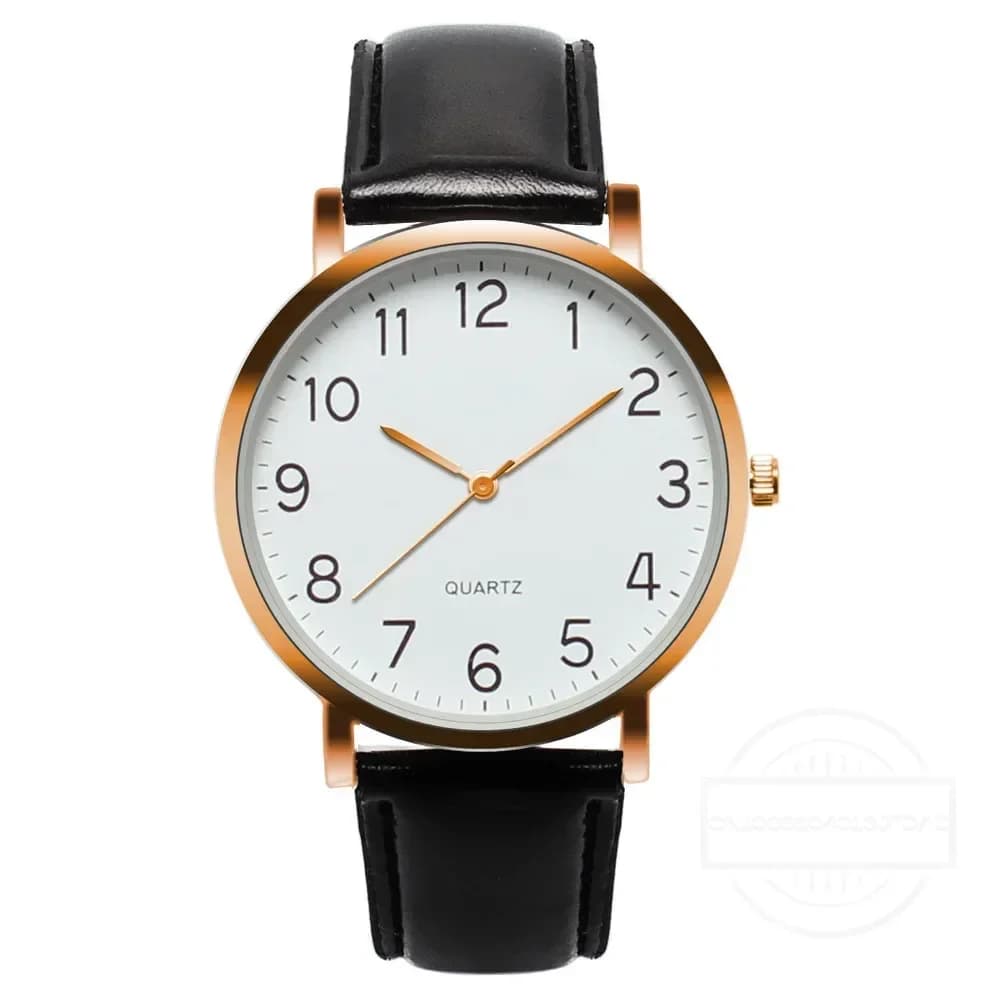 Men's Watch Vintage Quartz Analog Alloy Simple Working Strap Arabic Numerals Minimal Round Dial Classic Black Leather Strap
