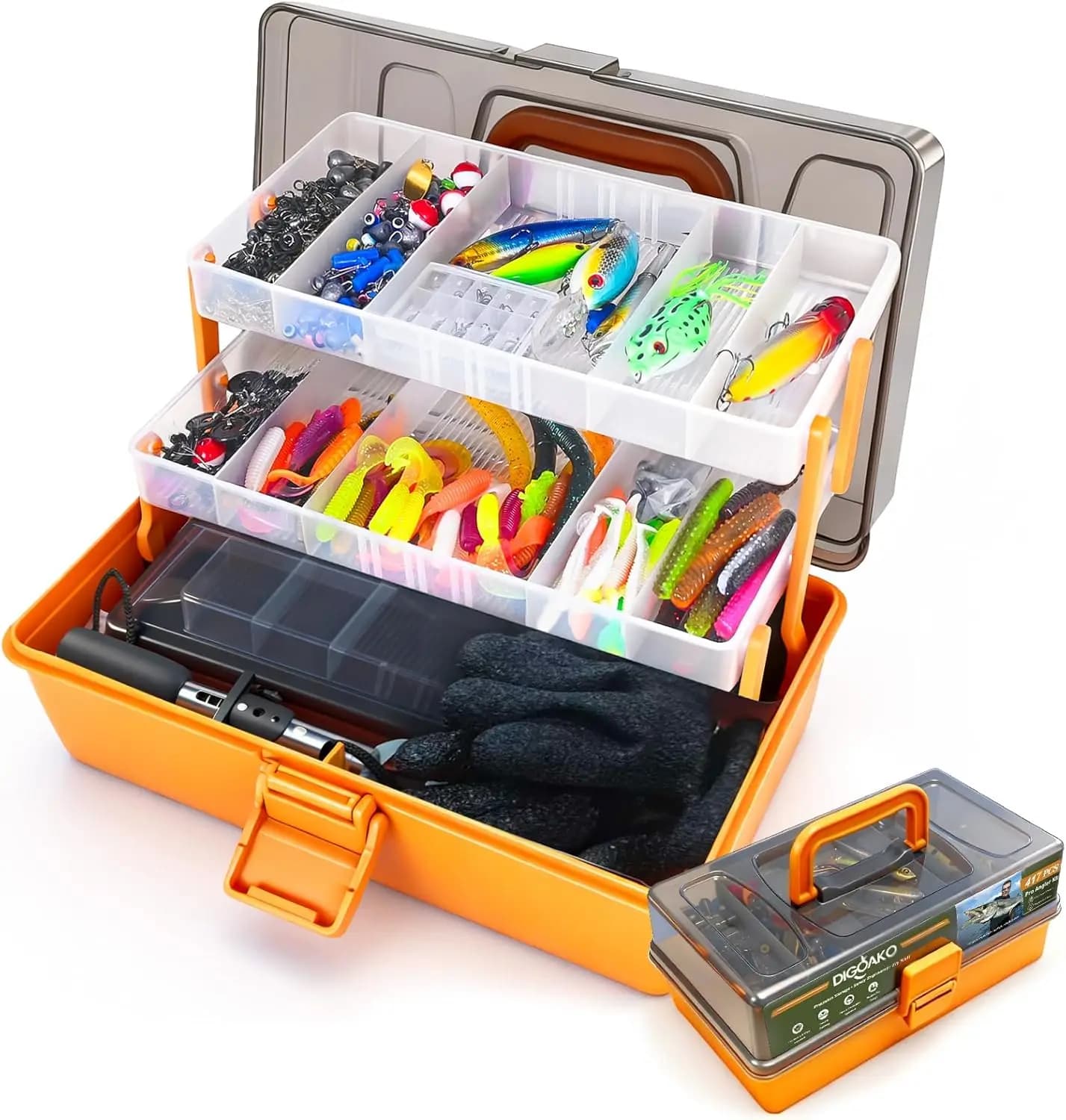 Grande Scatola Porta Attrezzi da Pesca a 3 Strati con Accessori Inclusi, Kit Completo di 417 Esche da Pesca con Piccola Scatola a 2 Lati e Guanti
