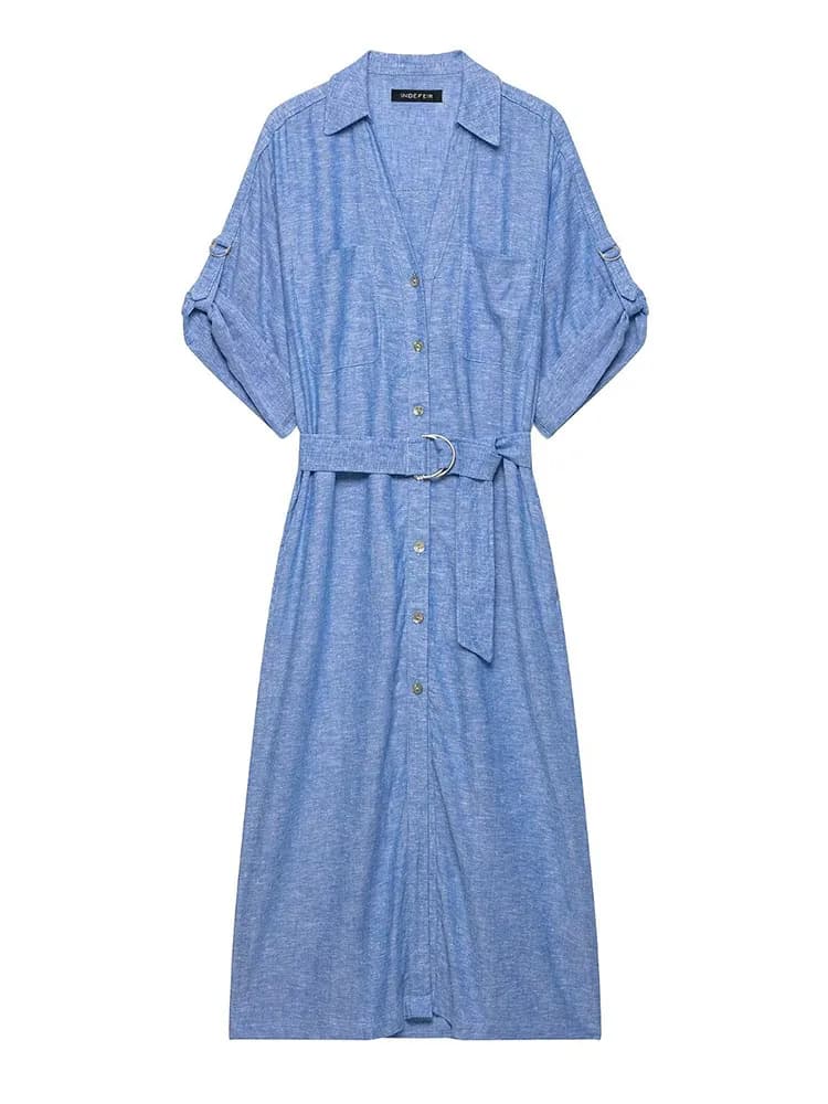 HH Women Summer Chambray Linen Shirt Dress Collared V Neck Roll Sleeve Belted Waist Button Front Midi For Resort Vacation Wear