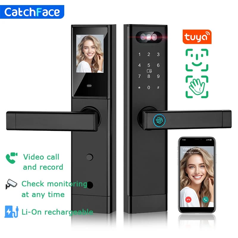 Riconoscimento facciale Chiamata video Serratura automatica TUYA Porta anteriore Impronta digitale Smart Lock Telecamera con cifre Schermo interno visibile