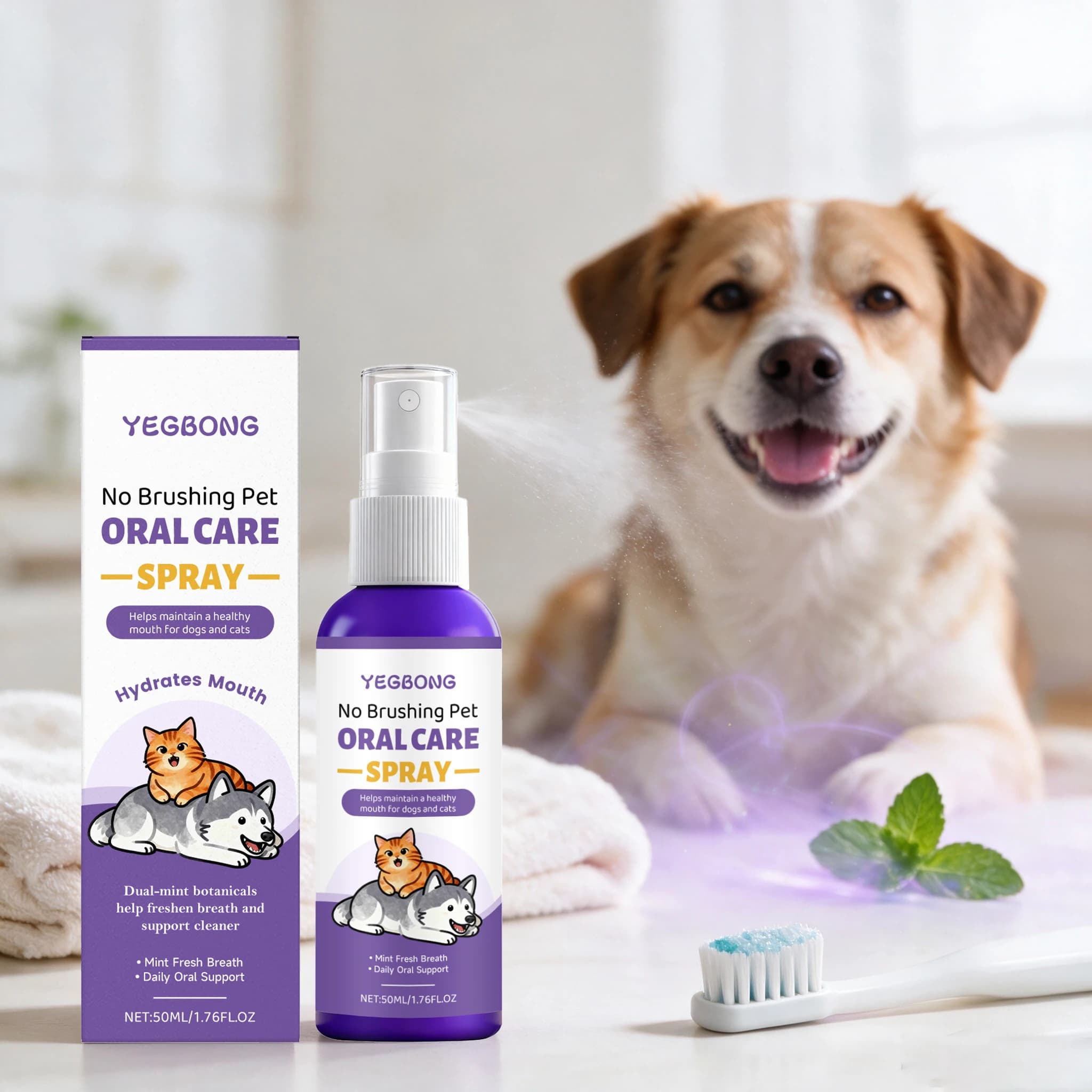50ML Mint Pet Oral Care Spray Gentle Cleaning Teeth Stains Prevent Plaque & Tartar Refreshing Breath Natural Pet Dental Spray