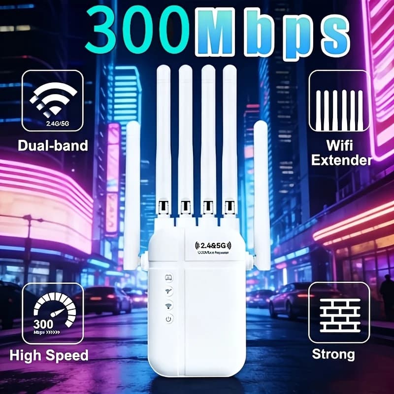 Ripetitore di Segnale WiFi 6, 6 Antenne per Ampia Copertura, 4 Modalità di Connessione, Supporta 45 Dispositivi, Amplificatore di Rete Stabile