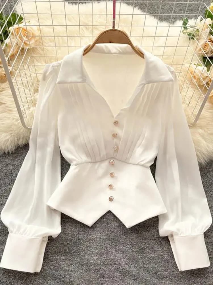 Jmprs Elegant French Style Women Blouse Irregular Fall Fashion Puff Long Sleeves Office Ladies Shirts Designed V Neck Tops