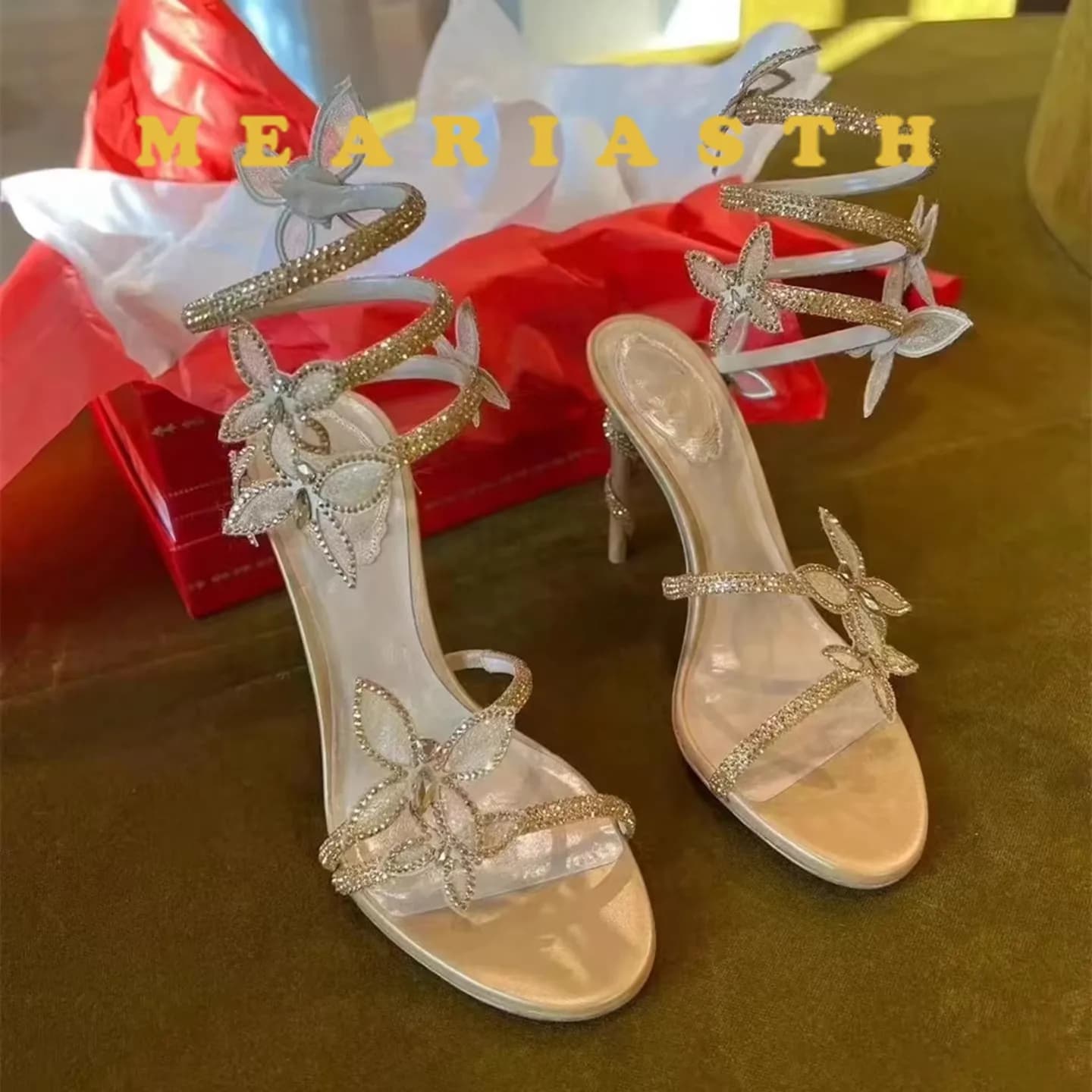 Sandali da donna con dettagli a farfalla impreziositi da cristalli di lusso Sandali da gladiatore con cinturino a spirale sexy Tacchi alti Scarpe da ballo per feste estive