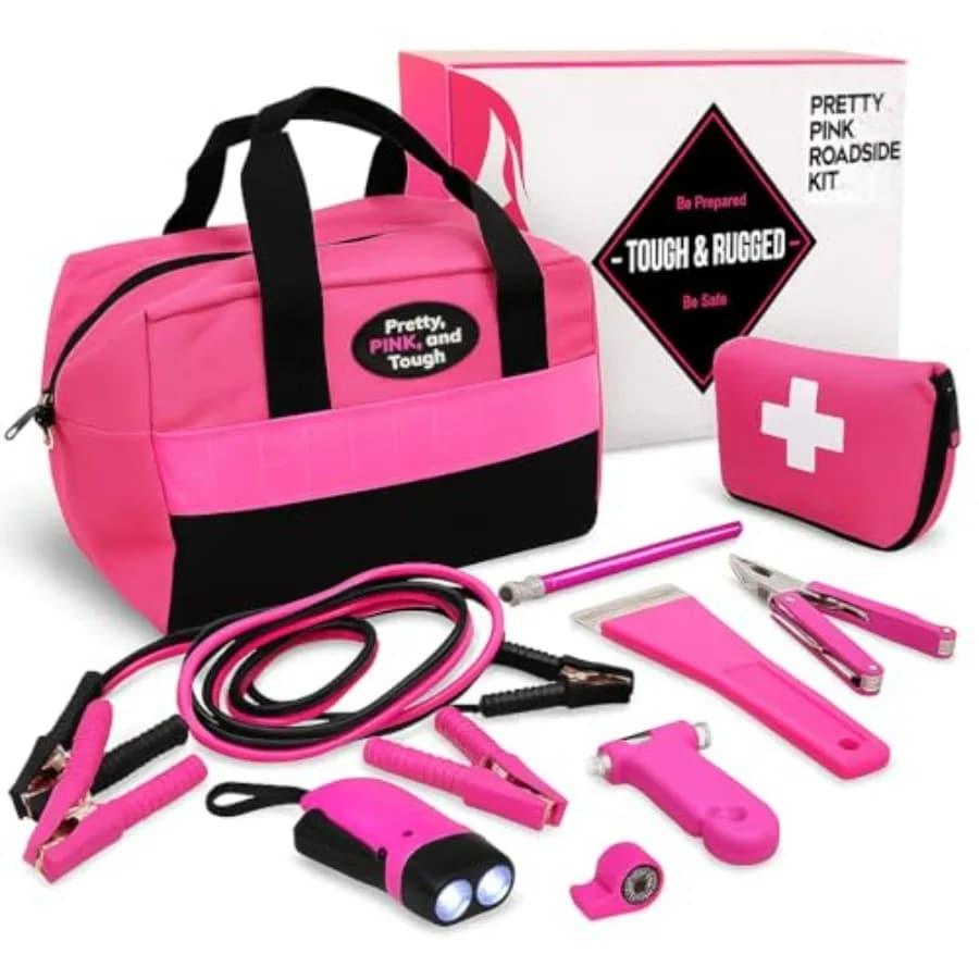 Kit di Emergenza Stradale Rosa per Donne e Ragazze - Accessorio Auto Resistente con Forniture di Pronto Soccorso e Cavi di Avviamento Lunghi