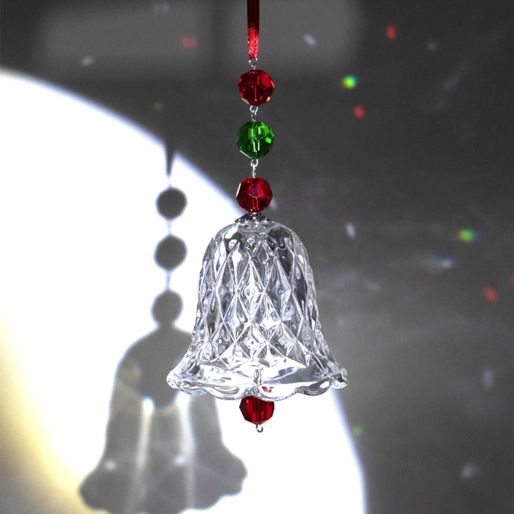 Red crystal wind chime window ornament, glass bell pendant, holiday Christmas tree decoration gift.