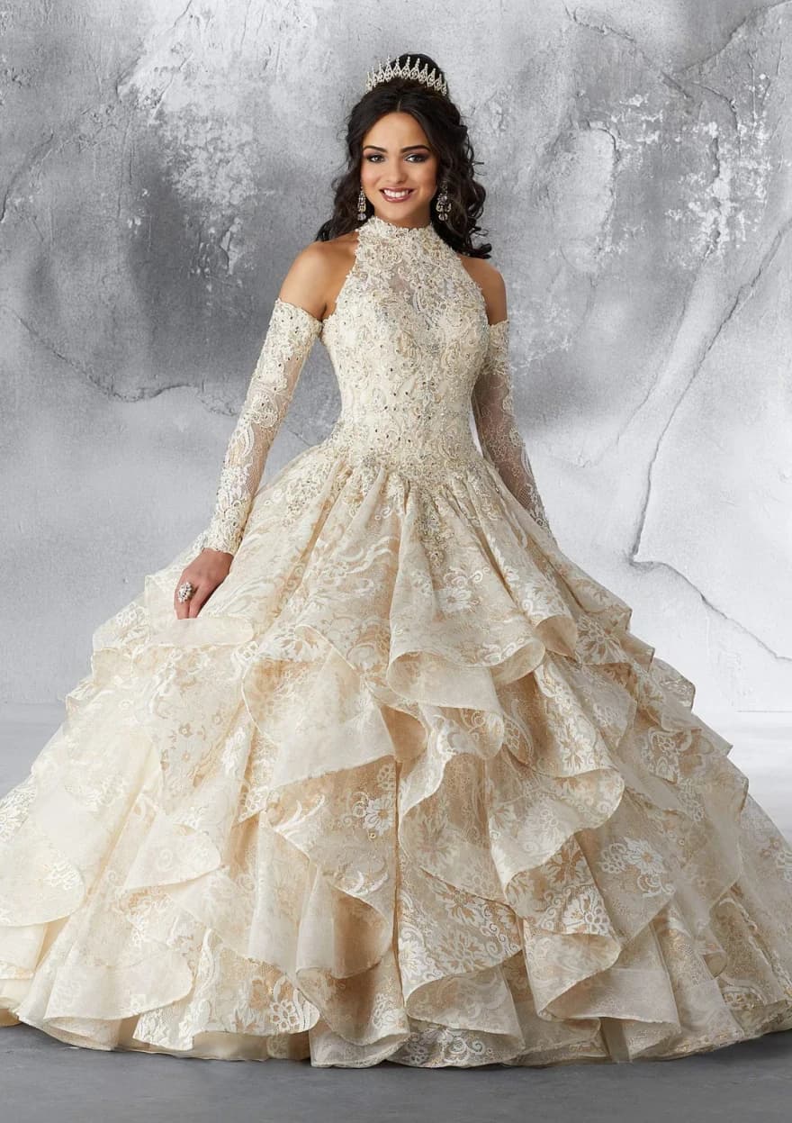 Abiti Quinceanera champagne brillanti personalizzati 2024 Manica lunga Collo alto Abito da ballo in pizzo Abiti 15 Anos Sweet 16 YQD115
