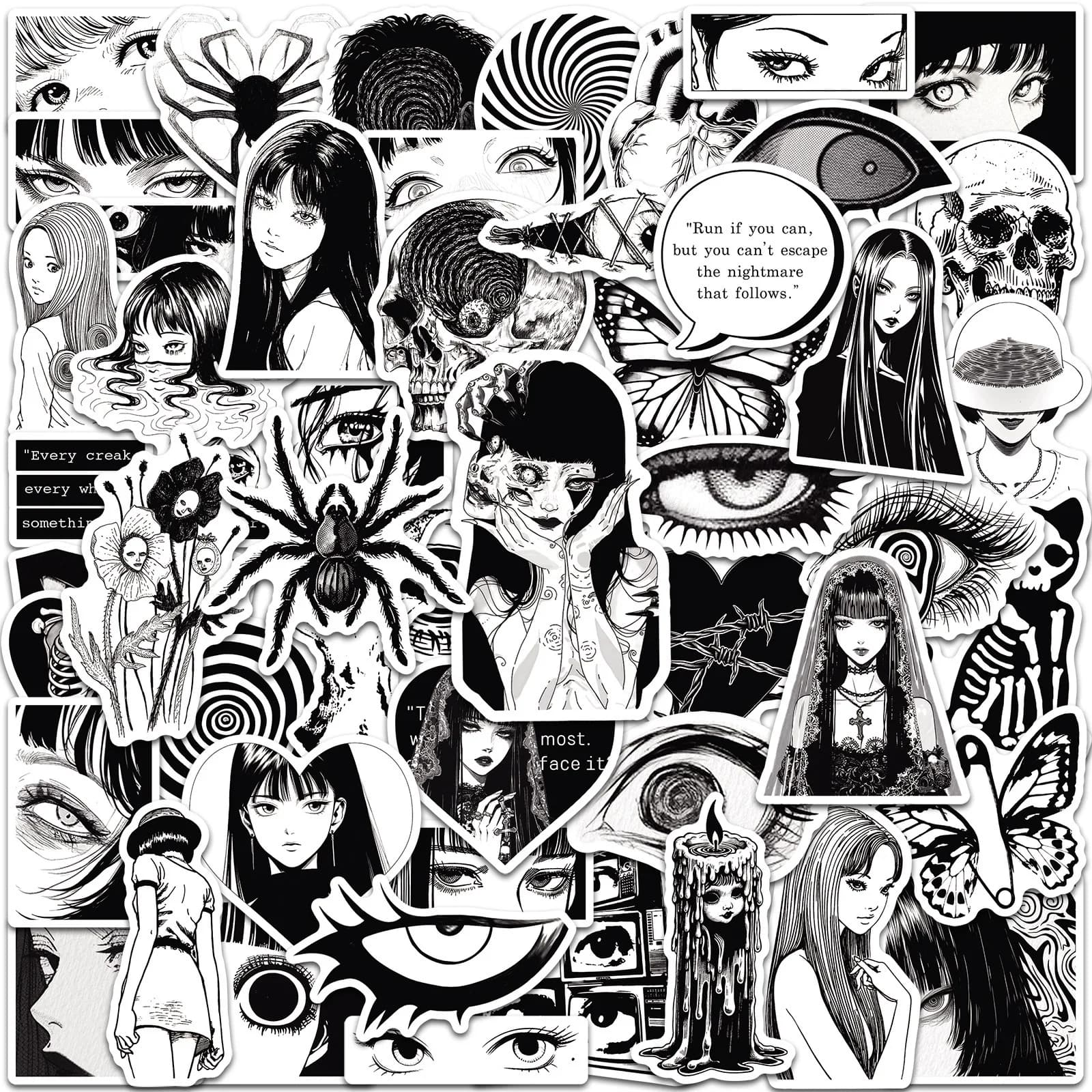50 Pezzi Adesivi Anime Stile Ins, Ragazza Horror in Bianco e Nero, Estetici per Scrapbooking, Notebook, Valigie, Laptop, Skateboard, Auto