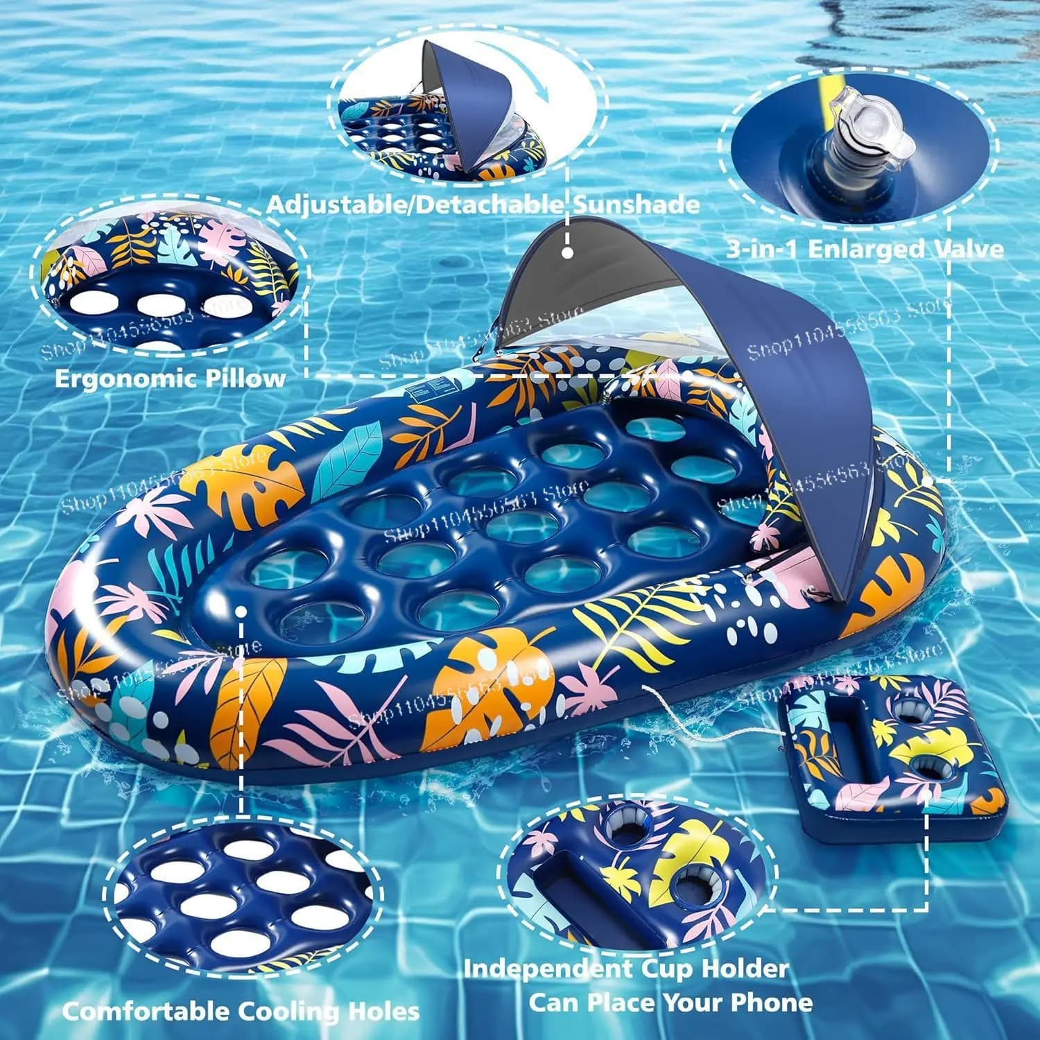 Pool floating lounge chair with top, canopy cup hole, pillow, adjustable, detachable sunshade, PVC inflatable floating drain