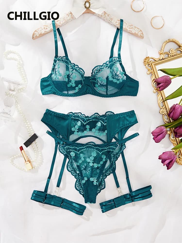 CHILLGIO Sexy Women Floral Embroidery Lace Bra Brief Suits Bodycon Push Underwire Intimate Lingerie Four Pieces Underwear Sets