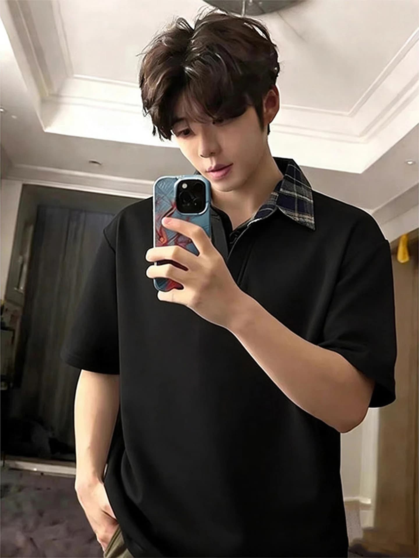 American Style Fake Two-Piece Black T-Shirt Men's Summer Heavyweight Plaid Splice Collar Short Sleeve Cool Feeling