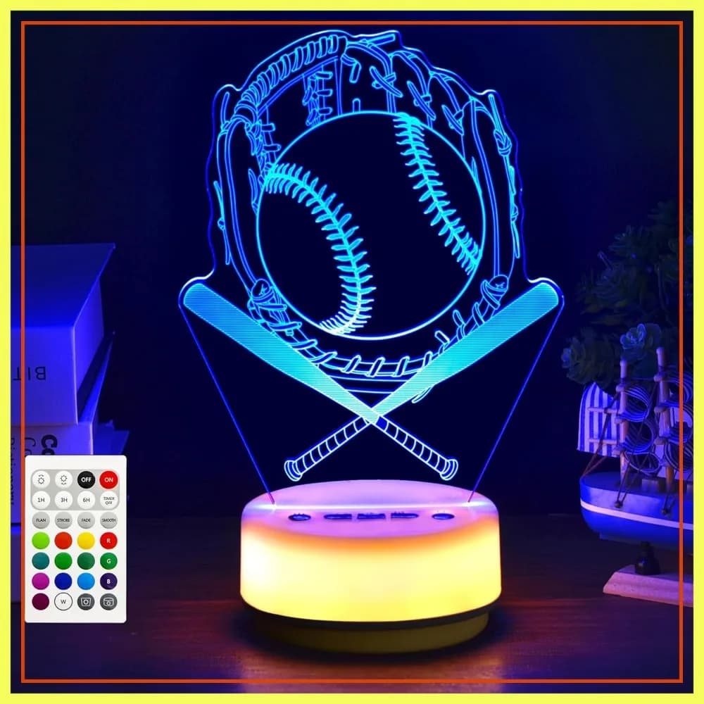 Lampada Notturna a Tema Baseball per Fan, 14 Colori con Telecomando, Timer e Dimmer, Base Bianca Calda