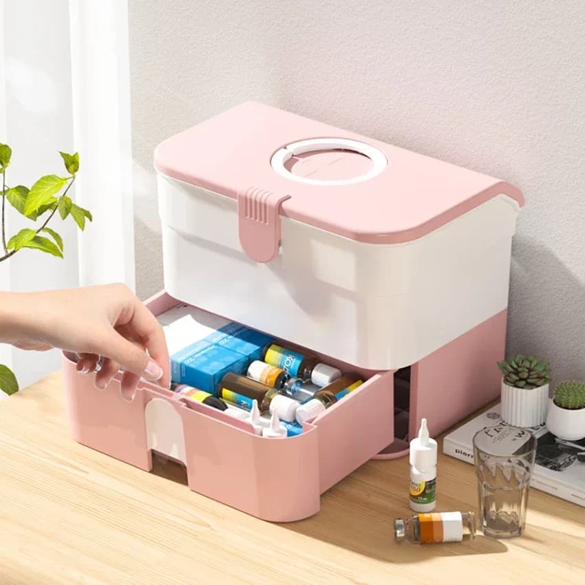 Contenitore in Plastica per Pronto Soccorso con Vassoio Rimovibile e Maniglia, Organizzatore Multilivello per Kit di Emergenza Familiare