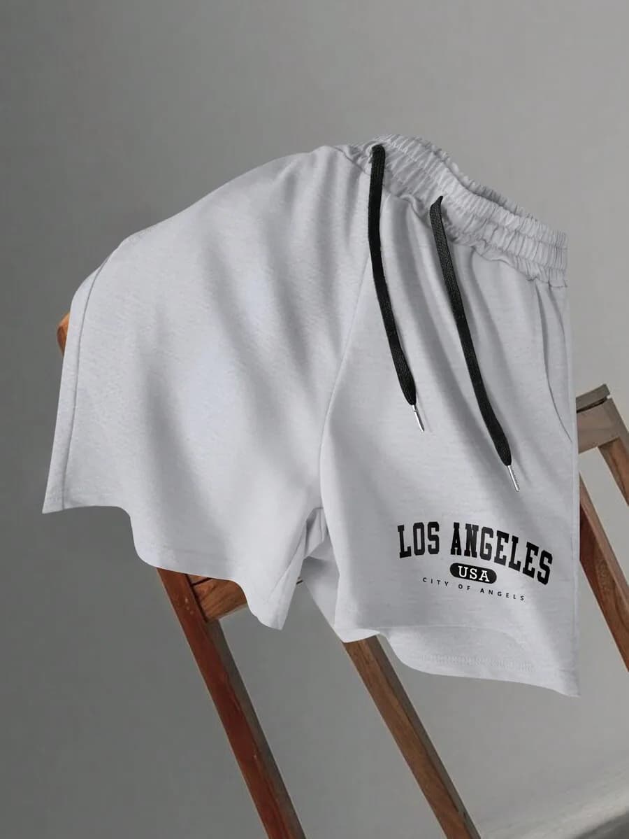 Pantaloncini larghi da uomo bianchi con grafica Los Angeles USA e coulisse regolabile in vita