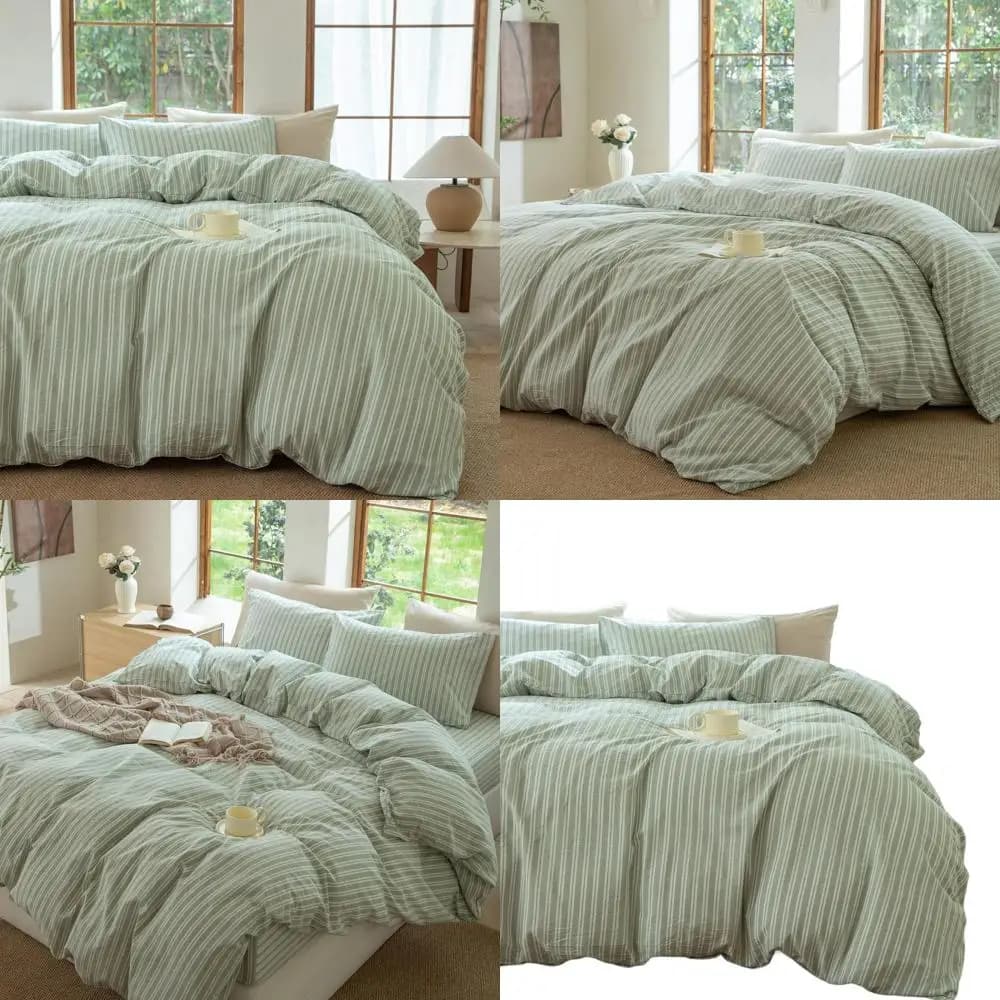 Copripiumino a righe verde salvia e bianco, set biancheria da letto 100% cotone lavato traspirante e lino (verde salvia/bianco, Queen)