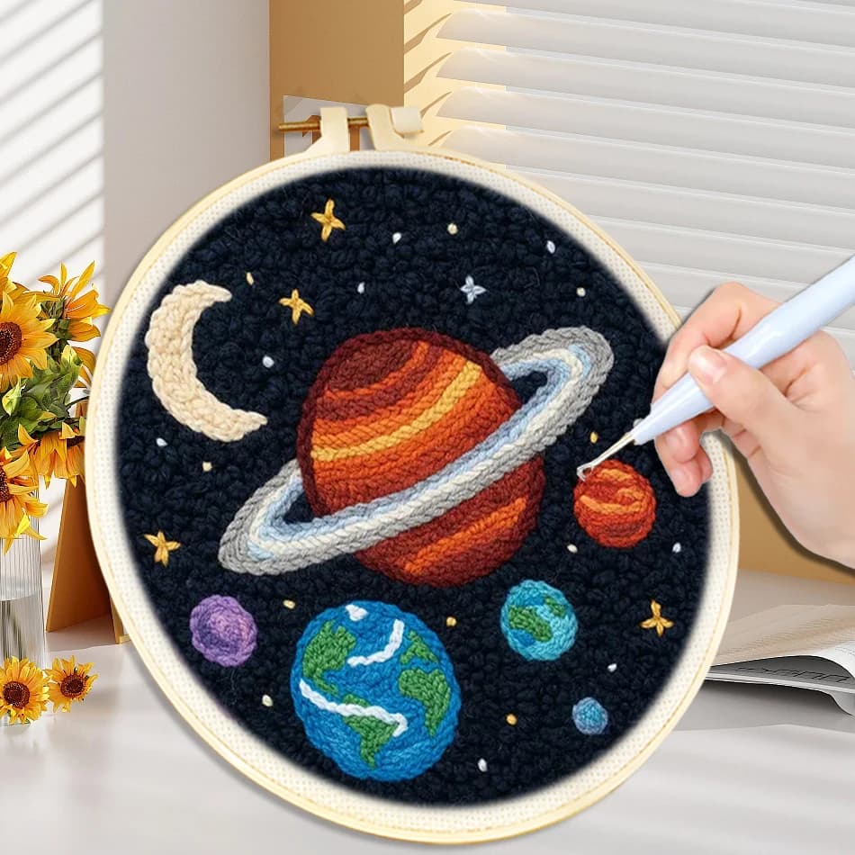 CHENISTORY Funny Punch Needle Embroidery Kit Space Galaxy Punch Needle Kit Starter Set For Adult Beginner Needlework DIY Craft K
