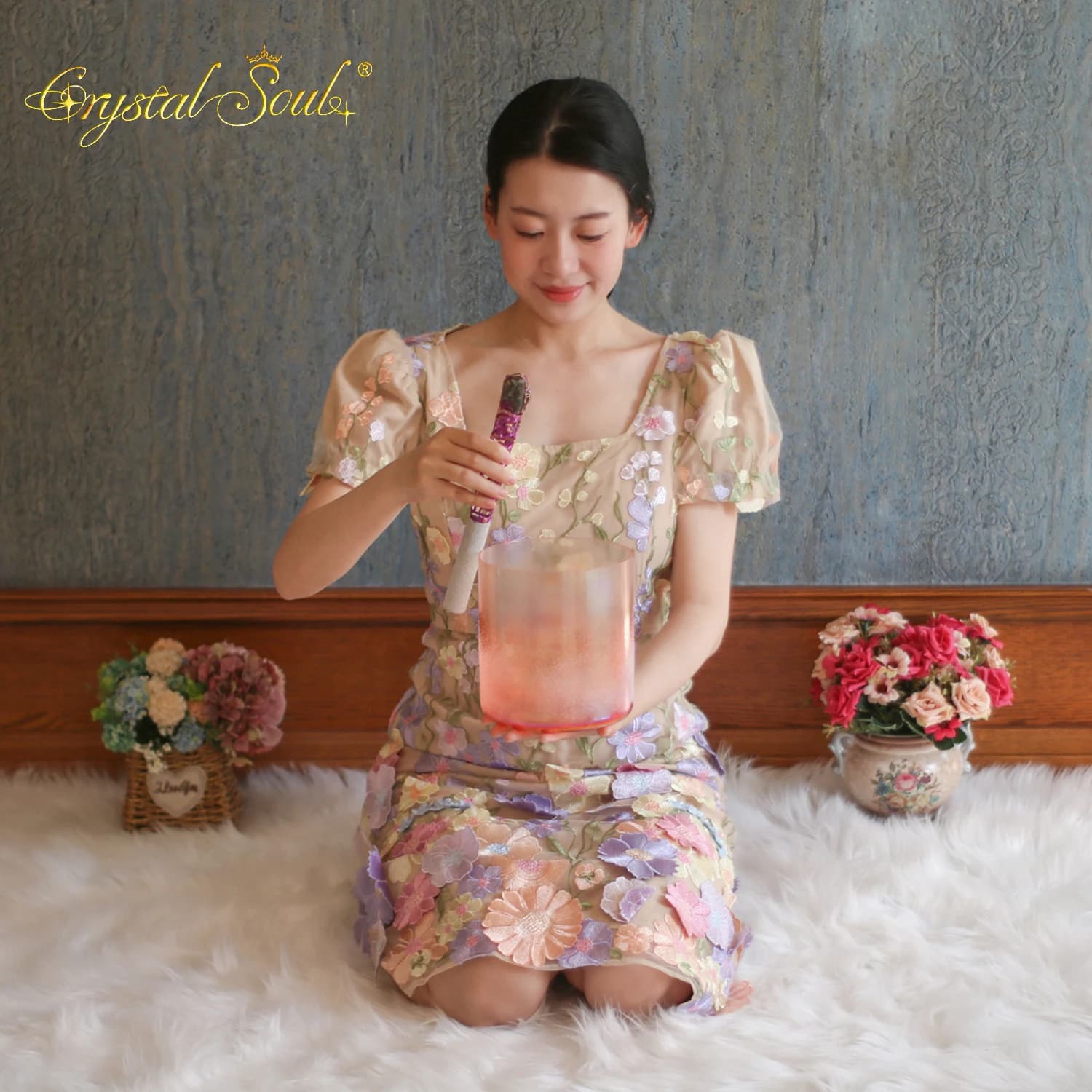 Crystal Soul 6 Inch High-quality Orange Red Sandblasted Crystal Singing Bowl Source Manufacturers Support Customization