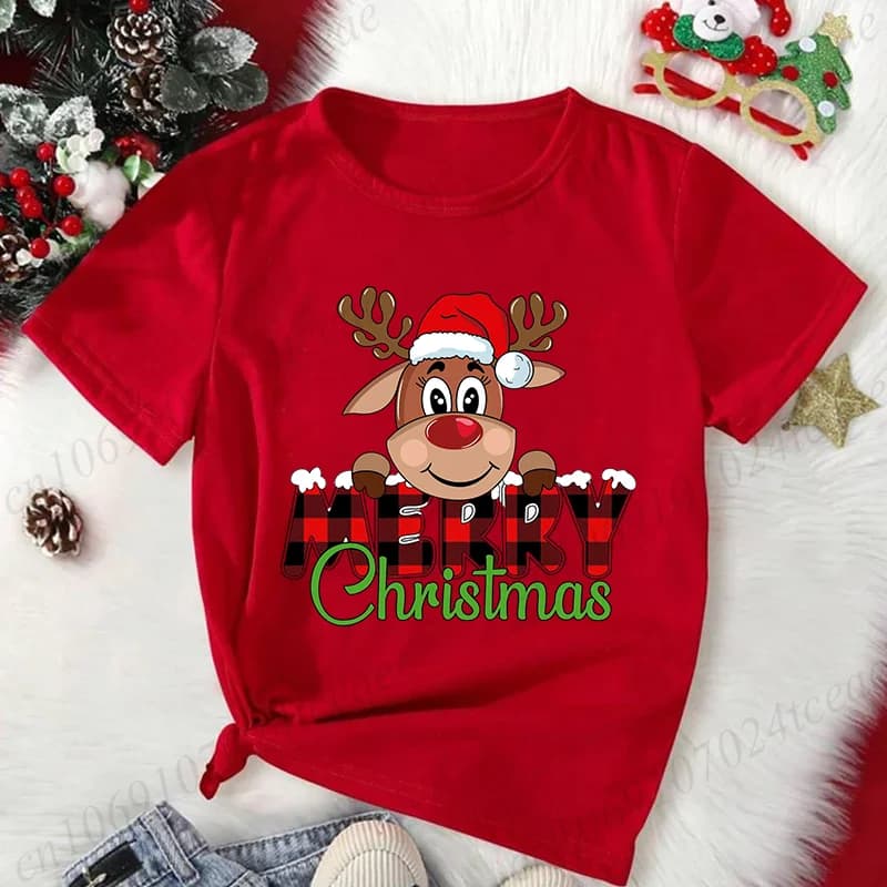 T-shirt rosse con stampa di renne carine di buon Natale per le donne T-shirt casual con scollo a maniche corte T-shirt da donna per la festa di Natale