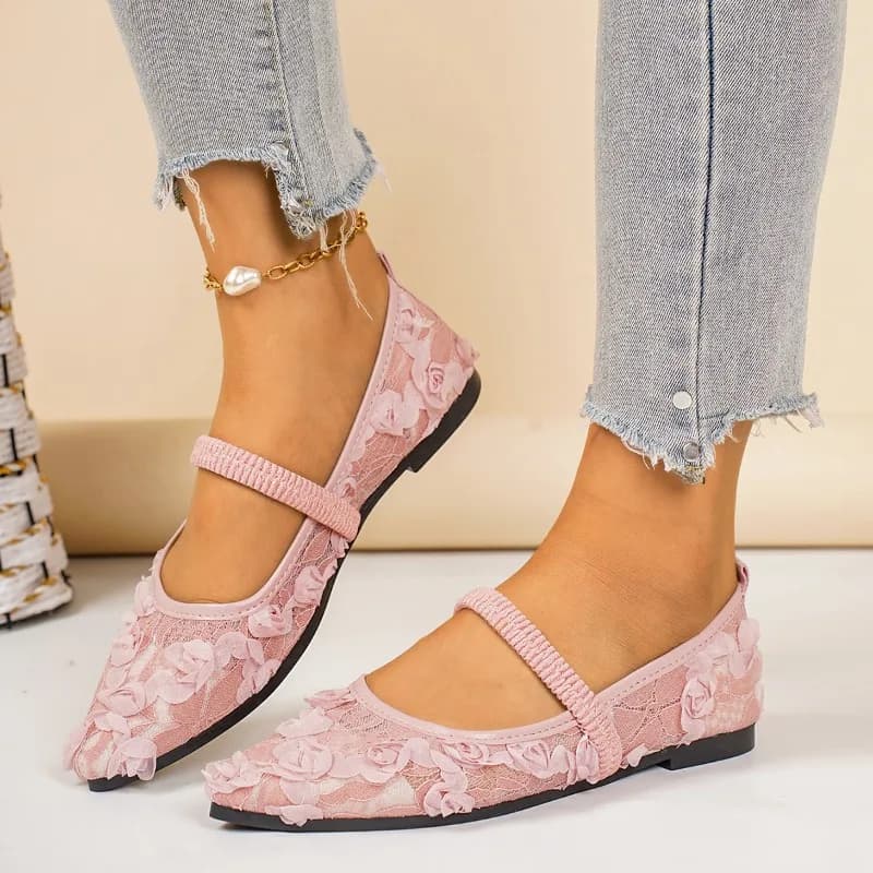 3D Rose Lace Mary Jane Flats Women 1CM Elastic Strap Square Toe Comfortable Breathable Ballet Shoes Sandalias Mujer