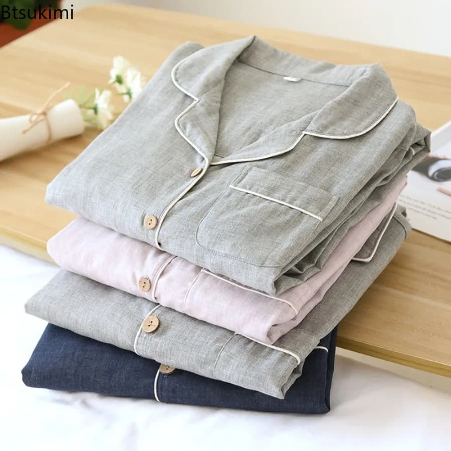 Spring/Autumn 100% Cotton Color-spun Yarn Pajamas Couple Long Sleeve Pants Pajamas 2PCS Women's Home Clothes Sleepwear Nightwear