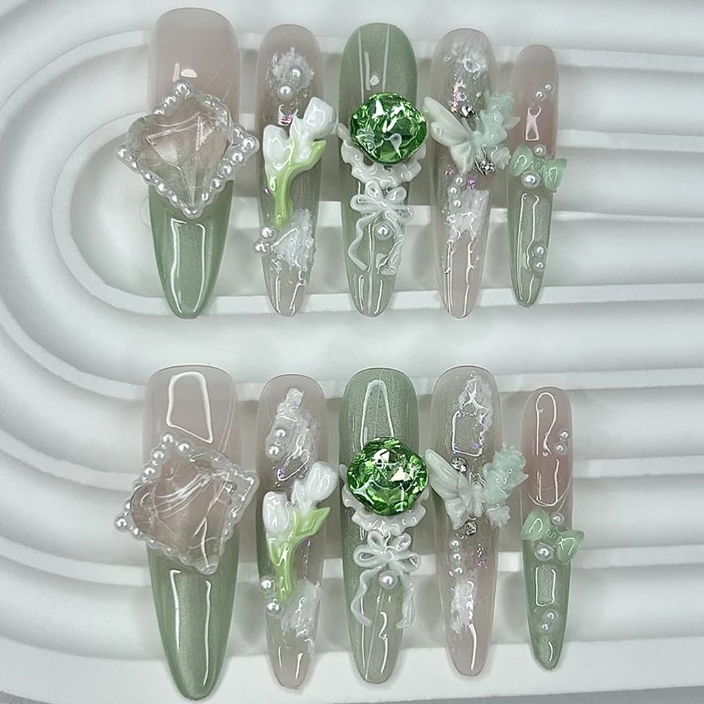 Elegante retro verde smeraldo francese fatto a mano stampa sulle unghie ornate 3D diamante farfalla perla unghie finte occhio di gatto mandorla nail art
