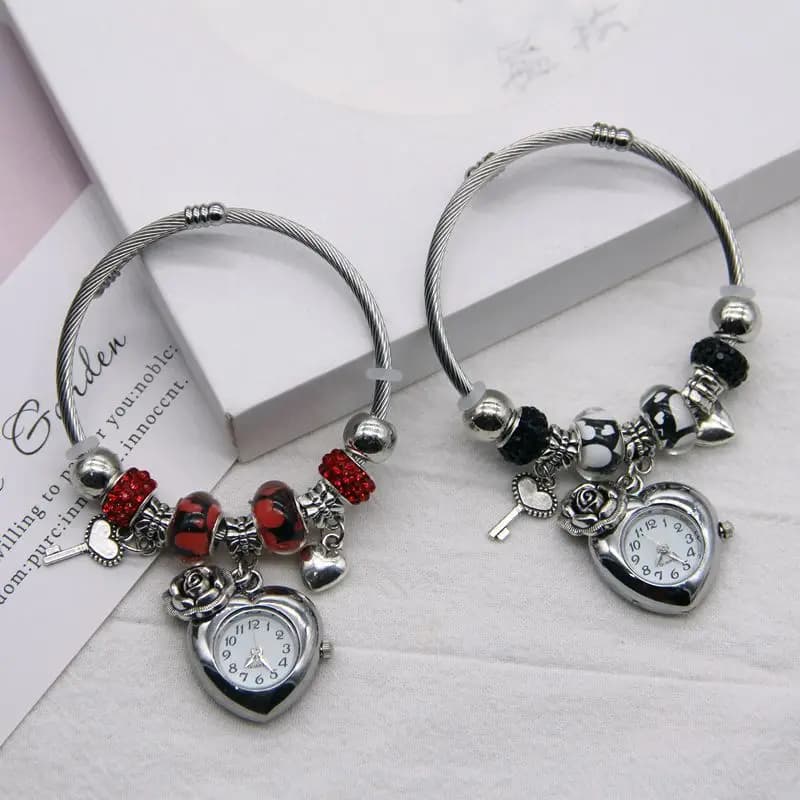 Wrist Watch with Flower and Beads Bracelet, Fashion Open Bracelet, Quartz Watch for Women and Girls