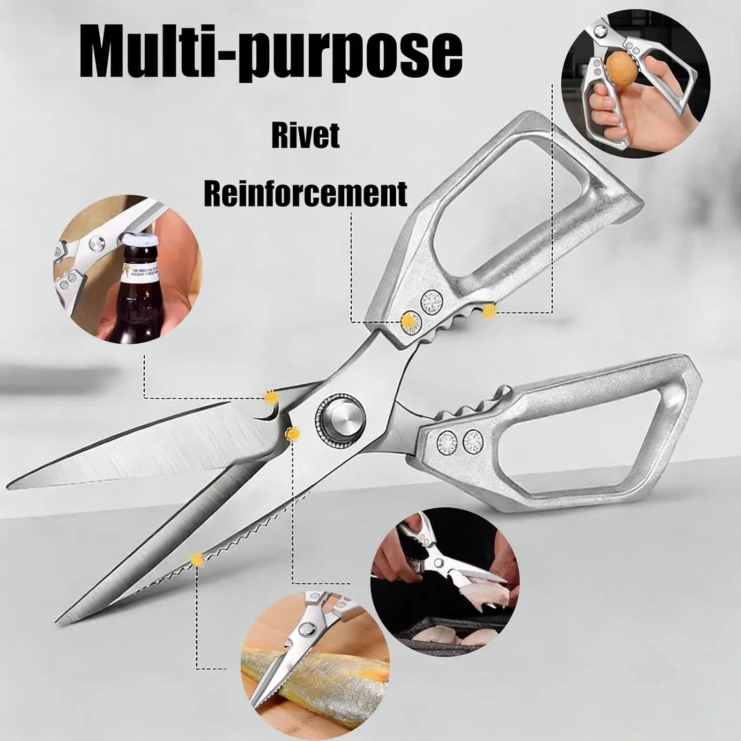 Heavy Duty Sharp Kitchen Scissors, Dishwasher Safe, Cooking Shears for Meat, Chicken, Fish, Poultry, Herb, Bread (Silver)