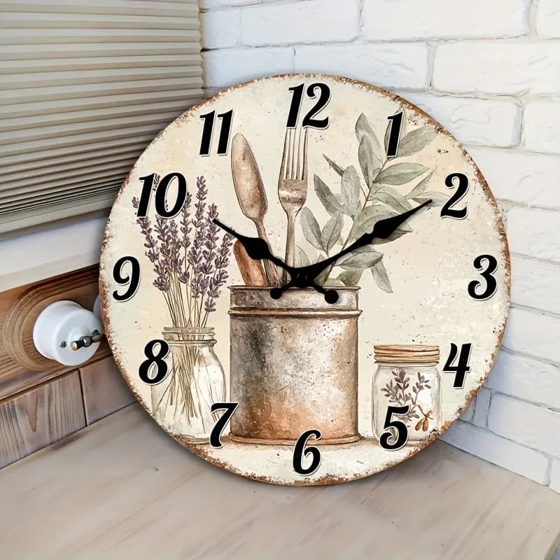 1 orologio da parete silenzioso che non ticchetta, con un design rotondo decorativo con un tema rustico da cucina e lavanda, Suita