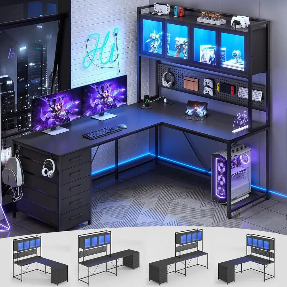 Scrivania da gaming a forma di L con spazio di archiviazione, ripiano superiore, pannello forato, illuminazione a LED e prese di corrente, nera