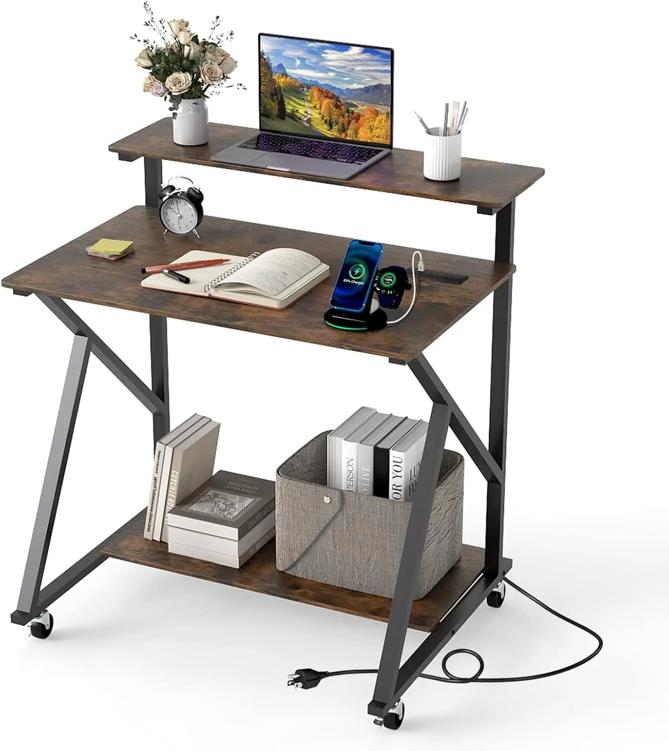 Scrivania Compatta con Ruote e Spazio di Archiviazione, Postazione Computer per Piccoli Spazi con Stazione di Ricarica, Supporto Monitor, Bloccabile