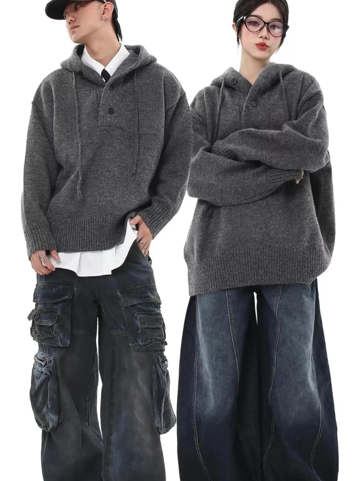 Loose Fit Hoodie Knitwear Women's Autumn Winter Street Style Casual Wear Grey Oversize Pullover Sweatshirt Outerwear Top