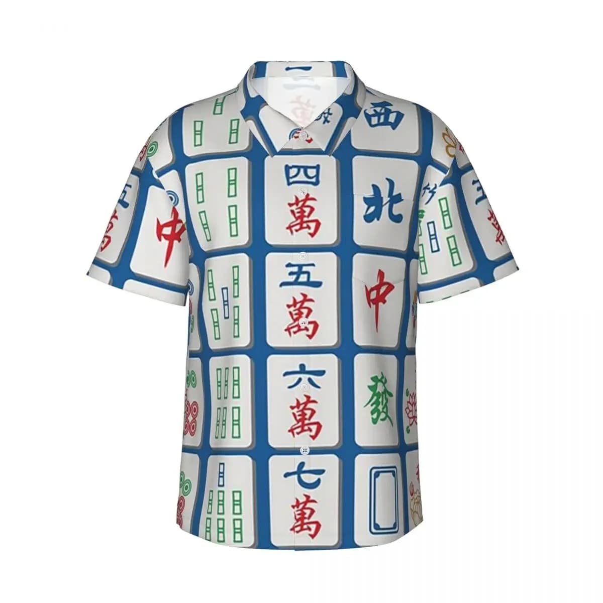 Mahjong Tiles On Blue Men's Shirts Hawaiian Short Sleeve Shirt Casual Lapel Tops for Summer Beach