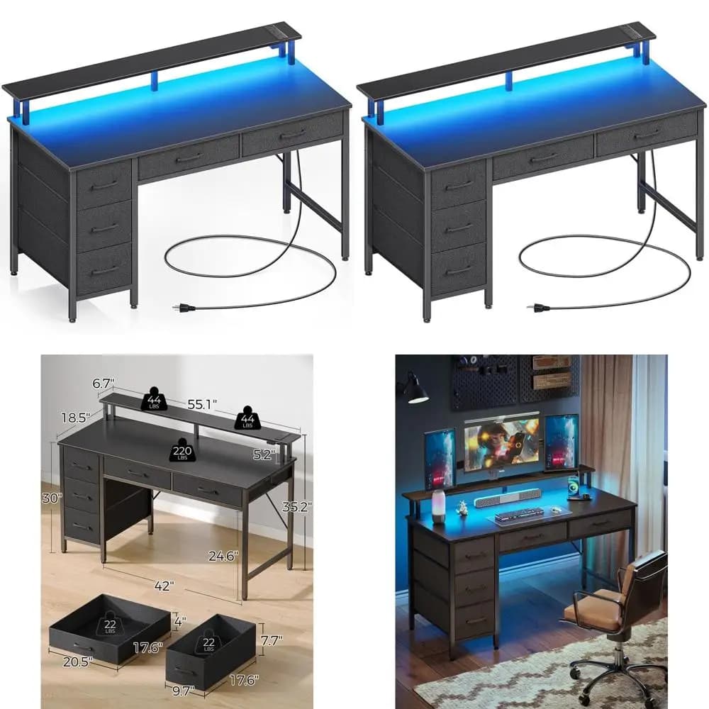 Home office desk with 55 LED lights, 5 drawers and monitor support, black