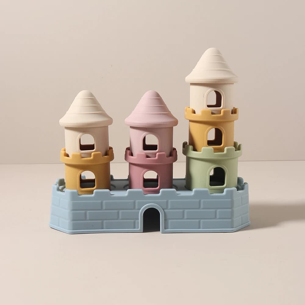 2025 8 pezzi per set giocattolo impilabile castello in silicone, massaggiagengive morbido, giocattolo educativo Montessori, oltre 6 mesi, senza BPA