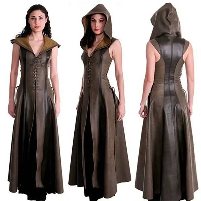 Donne Medievale Archer Dres Ranger Elfo Costume Femal Warrior Halloween Robin Cosplay Vestito dalla fasciatura Abito in pelle con cappuccio Maxi mantello