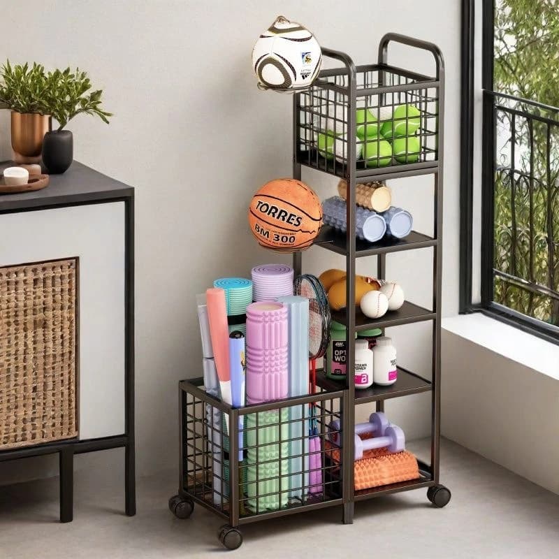 Storage rack, yoga mat, foam shaft, storage basket, kettlebell, dumbbell, basketball rack.