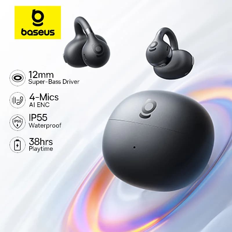 Baseus BC1 Hearing Aids With Ear Clips Wireless Open Ear Hearing Aid Bluetooth 6.0 Clip On Sports Headphones 4 Microphones Super Bass IP55