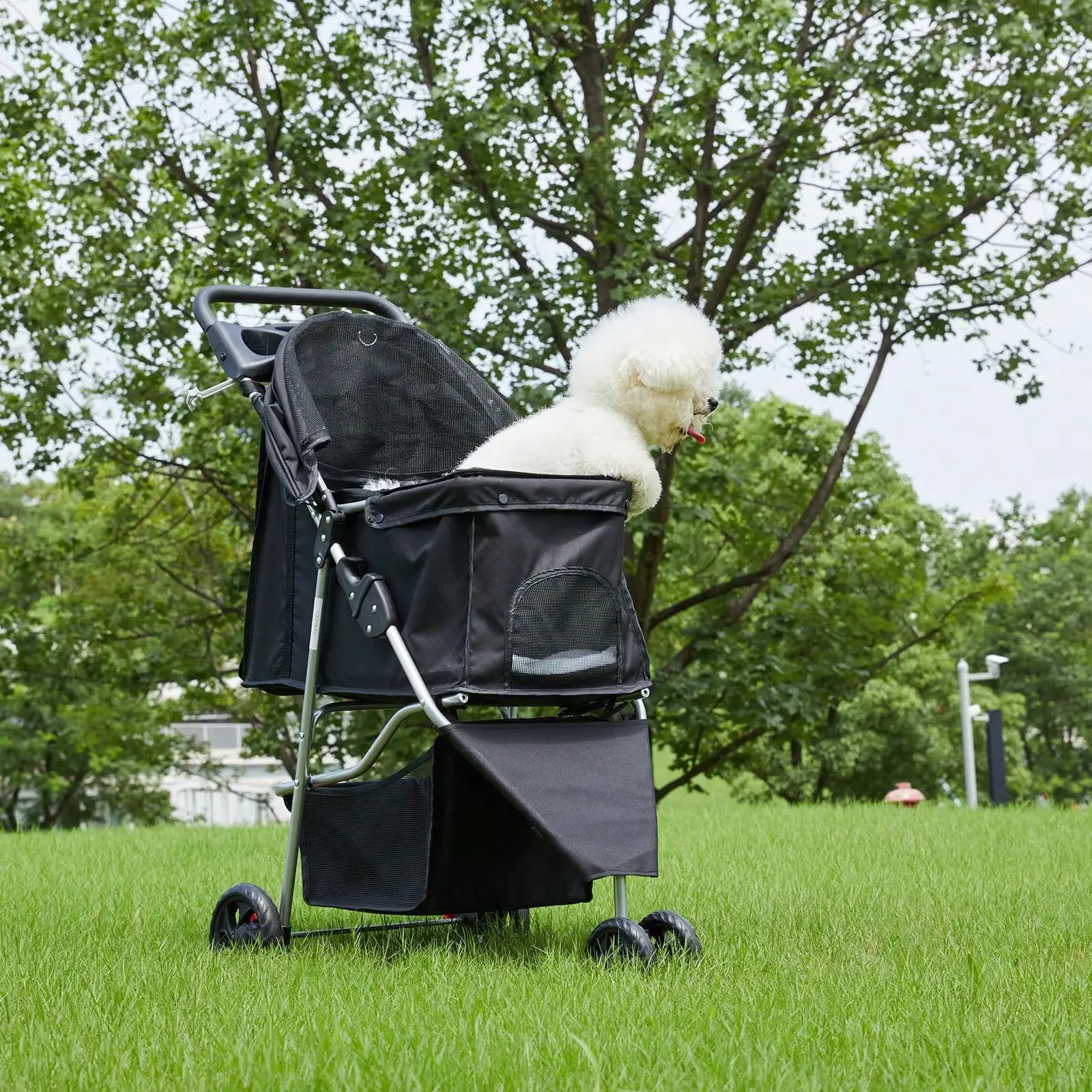 3 Wheels Pet Stroller, Cats And Dog Strollers With Storage Basket And Cup Holder, Breathable Mesh, Lightweight Travel Carrier, Waterproof And Foldable For Small Pets Outdoor Walk, Black