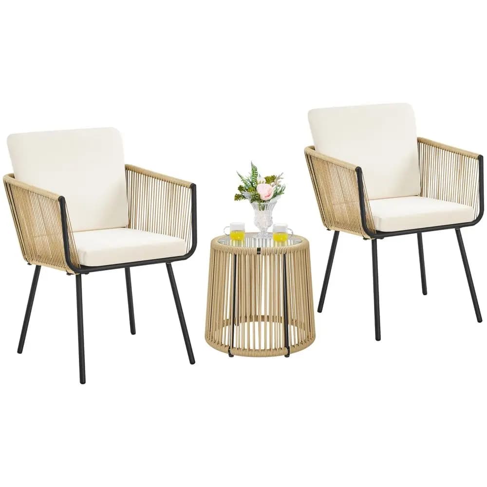 Set da bistrot da giardino in 3 pezzi, set da conversazione per esterni resistente alle intemperie con 2 sedie ergonomiche larghe, cuscini e tavolo con piano in vetro per veranda