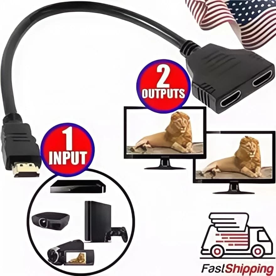 1 to 2 HDMI splitter adapter – 1080P HD signal multiplier, 2-female Y cable for dual monitor/TV configuration