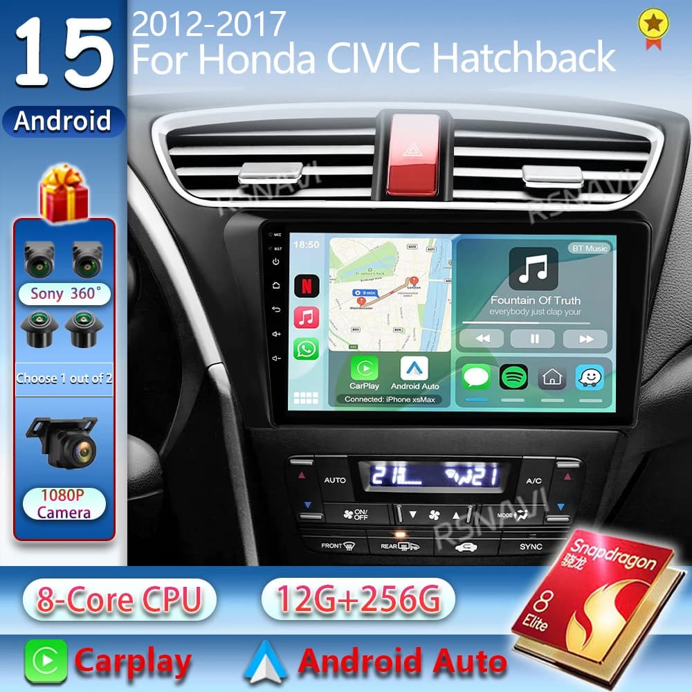 Android 15 Carplay Autoradio Per Honda CIVIC Hatchback 2012 2013 - 2017 Navigazione GPS Lettore Multimediale stereo wifi + 4G video BT