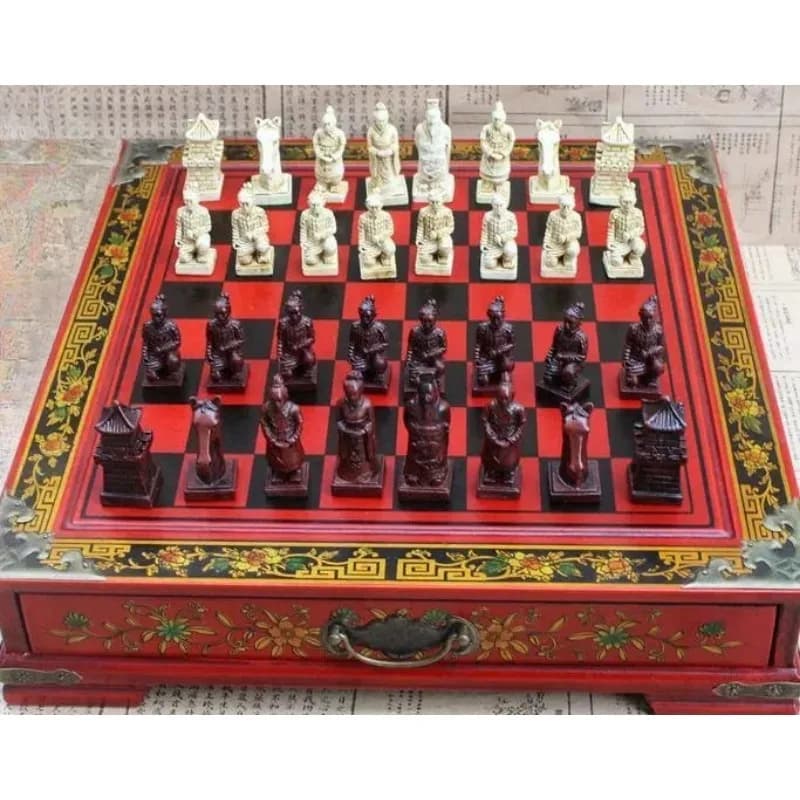 Terracotta Warriors Chess Set Wooden Board 3D Stereo Cartoon Chinese Style Desktop International Chess Game Decor Gift