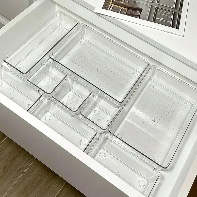 Set di 7 Organizzatori per Cassetti, Contenitori in Plastica Trasparente per Bagno e Trucchi, Organizzatori per Cassetti