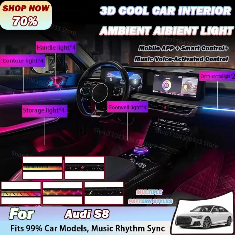 For Audi S8 LED Car Interior Ambient Strip Lights RGB Fiber Optic Atmosphere Neon Lighting APP Auto Decorative Lamps