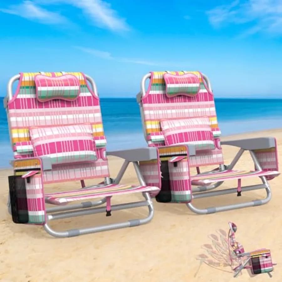 Sedie da Spiaggia a Zaino per Adulti, Reclinabili a 5 Posizioni con Tasca Termica, Portabicchieri e Porta Asciugamani, Confezione da 2, Portatili