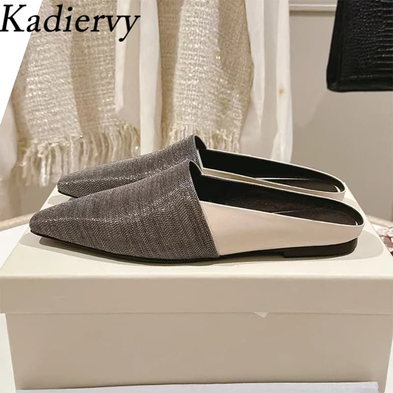 New Women's Slippers with Small Square Toe, Mules with Bead Chain, Casual Shoes in Leather Genuine, Comfortable Moccasins Without Women's Heel