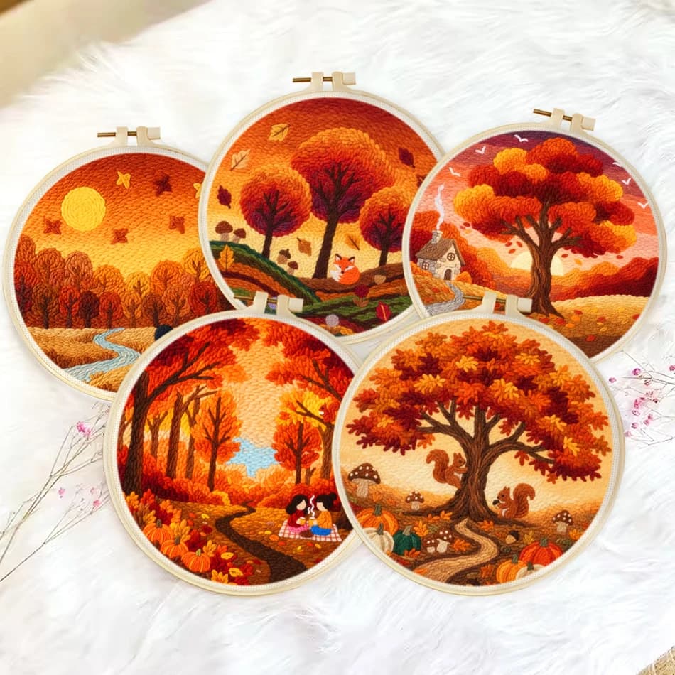 Autumn Landscape Punch Needle Embroidery Kit DIY Tufting Craft Set for Beginner Handcraft Yarn Painting Home Decor Supplies