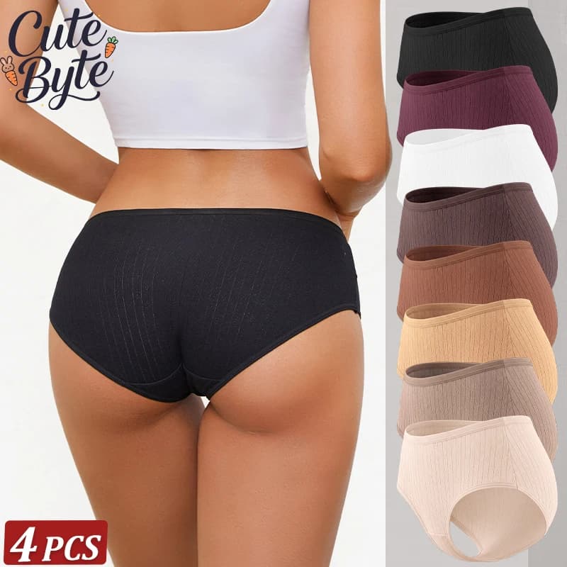 4PCS Cotton Ribbed Jacquard Panties Seamless Low Waist Breathable Underwear Ladies Comfortable Lingerie Large size Solid Color